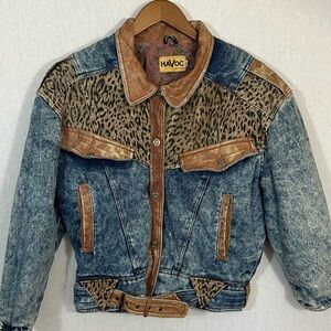 Vintage 80’s Havoc Denim and Leather Leopard accent Animal Print Jacket Rare